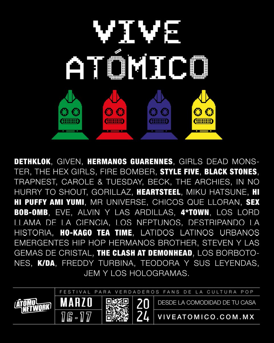 pixelatomicoyt's tweet photo. 2 días de puritita explosión musical. Disfruta desde la comodidad de tu sofá con los mejores actos musicales para tu deleite, este 16 y 17 de Marzo se parte del #ViveÁtomico #VA24 https://t.co/lwyAYTPI65