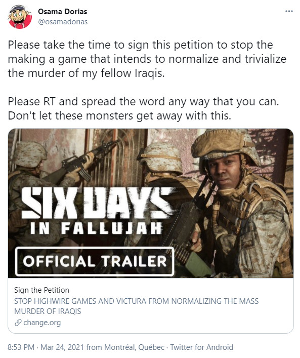 BigfryTV's tweet image. This is the same developer who pushed the petition to ban Six Days in Fallujah btw... Just in case you didn't know who and what these people stand for.