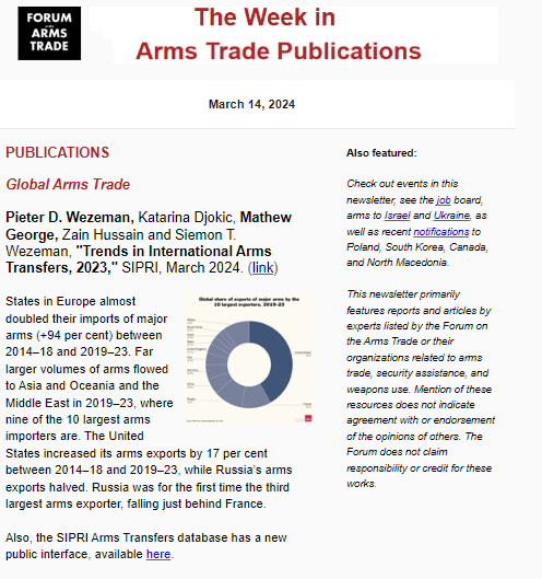 A full 'The Week in Arms Trade Publications' newsletter just out w/ works via @SIPRIorg @RStatecraft @CivCenter @OxfamAmerica @RCW_ @WeaponsMonitor @hrw by @achesonray @WilliamHartung @nicosananes @aboeidsusan @eugenioweigend and others + events and more mailchi.mp/9fccec2b463d/w…
