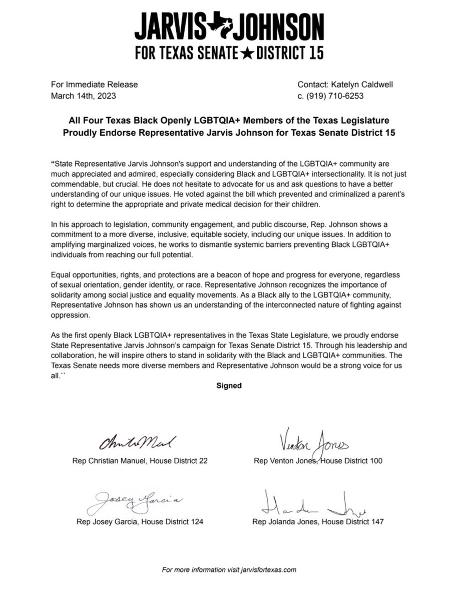 I’m proud to stand with my colleagues Reps @VentonJonesTX, #JoseyGarcia & @Christian4Texas. We are the first & only Black LGBTQIA+ members of the Texas Legislature & we enthusiastically ENDORSE REP. JARVIS JOHNSON FOR SENATE DISTRICT 15! #TxLege #SD15 #BlackVotersMatter ✊🏾🔥🤜🏾🤛🏾