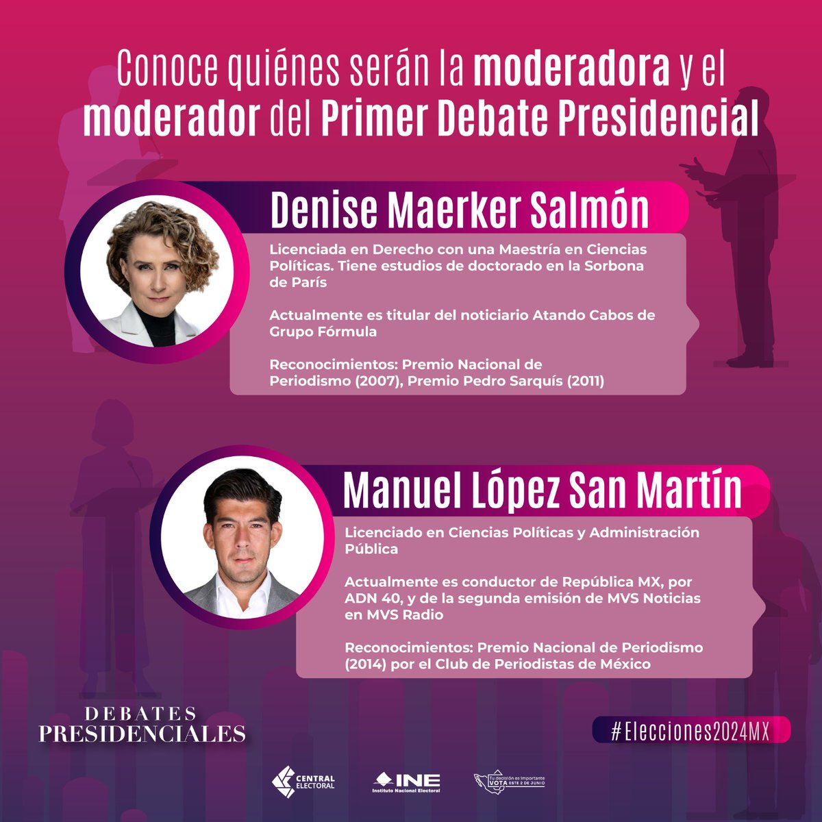.<a href="/DeniseMaerker/">Denise Maerker</a> y <a href="/MLopezSanMartin/">Manuel Lopez San Martin</a> son las personas aprobadas por el <a href="/INEMexico/">@INEMexico</a> para moderar el Primer #DebateINE Presidencial. Conoce parte de sus trayectorias 👇🏼 ine.mx
