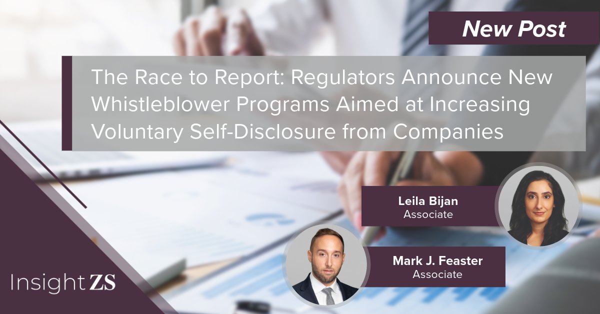 Regulators and prosecutors at the @ABAesq White Collar Crime Inst. urged leaders to consider self-disclosure or risk being beat to the punch by #whistleblowers. Leila Bijan & Mark Feaster cover the race-to-report on @ZS_Law blog, #InsightZS. More: news.zuckerman.com/43kpBci