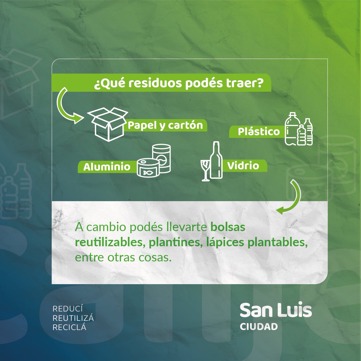 ♻️ Te mostramos el cronograma de EcoCanje 

¡Podes acercarte de 9hs a 12hs en los diferentes puntos!

👉🏽 Recibimos papel, cartón, plástico, aluminio y vidrio. Y a cambio vos te podes llevar bolsas reutilizables, plantines, lápices plantables, entre otras cosas. 

¡Súmate!
