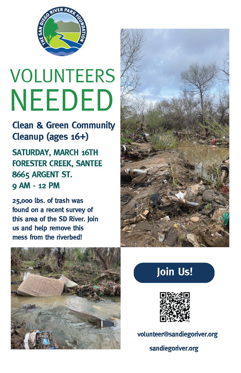 Volunteers Needed! @SanDiegoRiver is looking for volunteers to help with their clean up of Forester Creek between Santee and El Cajon. The clean up is taking place this Saturday from 9am -12pm. Learn more and sign up here: sandiegoriver.galaxydigital.com/need/detail/?n…