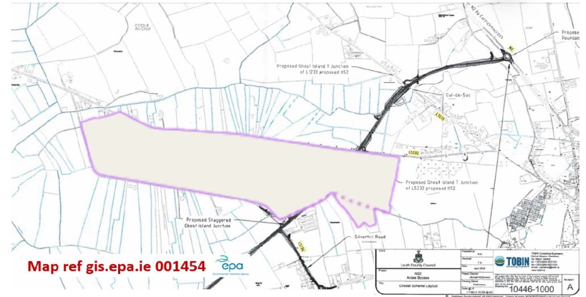 katieholten's tweet photo. @PeatlandConserv @forum_wetlands @KOSullivanIT @EUCourtPress @EU_ENV @theclimatealarm @noonan_malcolm @Irishwildlife @CCWPeatlands @irishboglife Louth Co. Council’s map shows the pNHA (proposed Natural Heritage Area) of Ardee Bog outlined in purple. The black line indicates the route of the proposed N52 bypass—it cuts directly through the peatland! We’re going to court to protect our precious natural habitat. #saveourbogs https://t.co/dc0D4F1s7c
