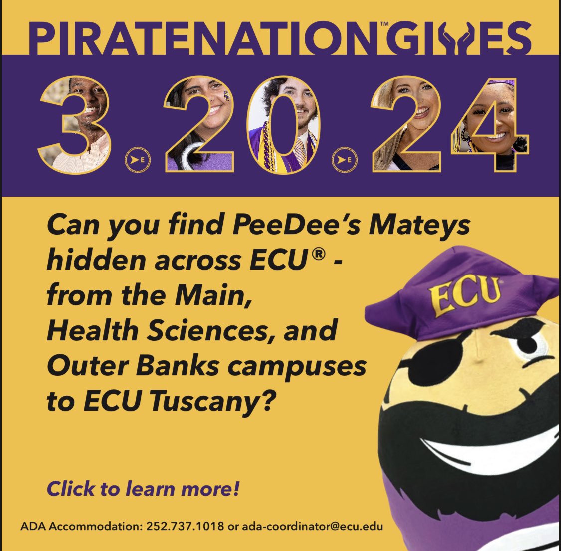 AD: Mark your calendars! Pirate Nation Gives, ECU’s annual day of giving, is coming up on March 20, 2024!