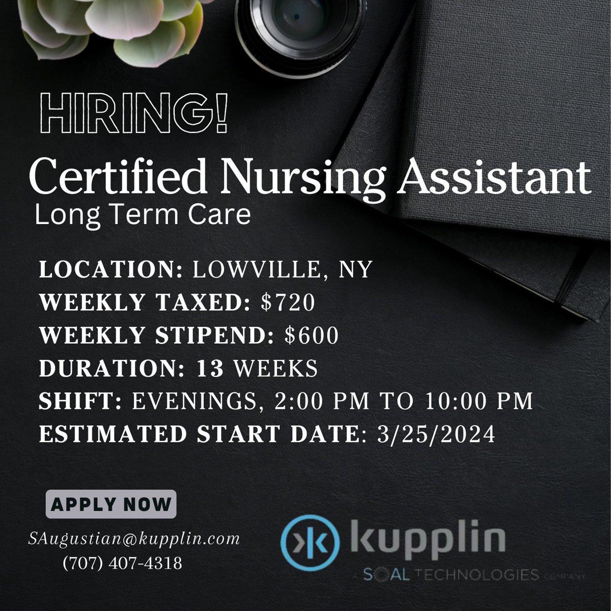 Exciting opportunity in Lowville, NY! Hiring Certified Nursing Assistants (CNAs) for evening shifts at our Long Term Care Facility.
Join our team.

Apply now!
SAugustian@kupplin.com
(707) 407-4318
#CNAJobs #HealthcareCareers #LowvilleNY