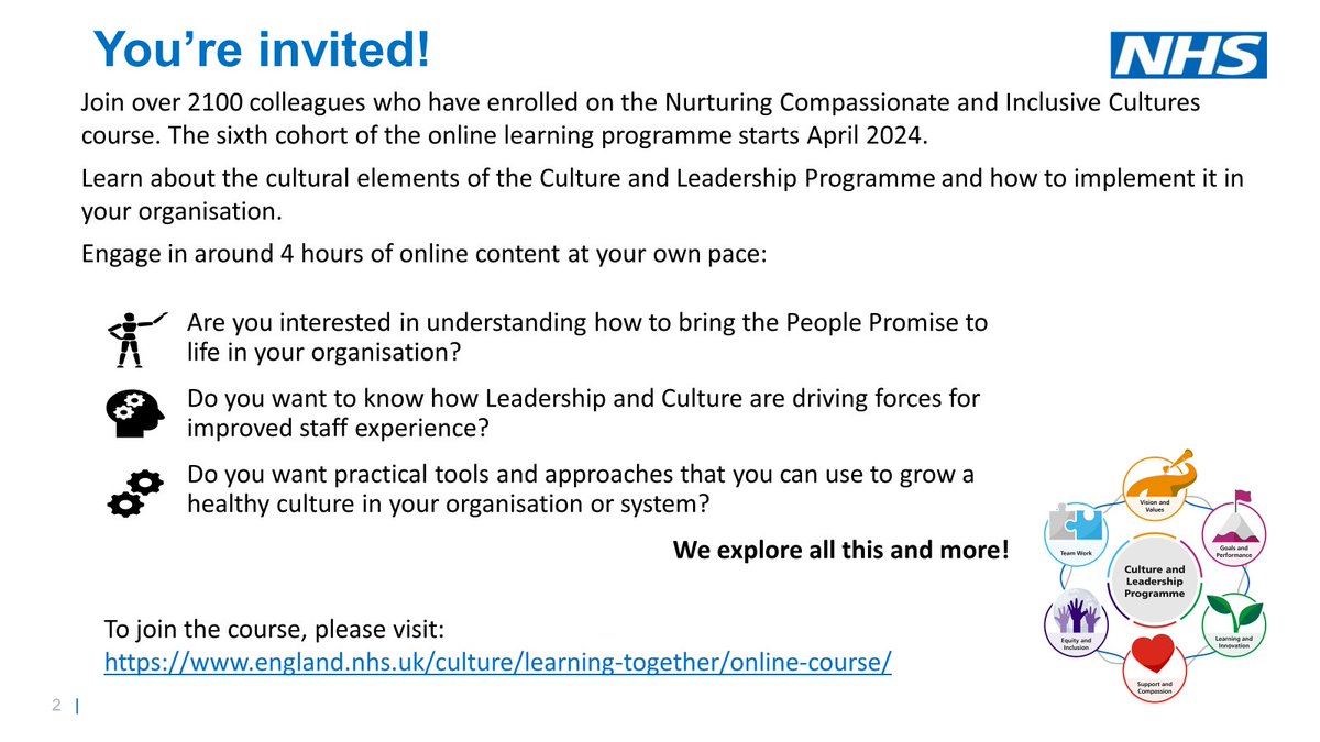 Course enrolment now LIVE! Our sixth cohort will be starting 1 April 2024. Over 2100 colleagues have joined past cohorts, and we saw great conversations and reflections throughout. Enrol now and start your Culture & Leadership Programme journey: 🔗england.nhs.uk/culture/learni…