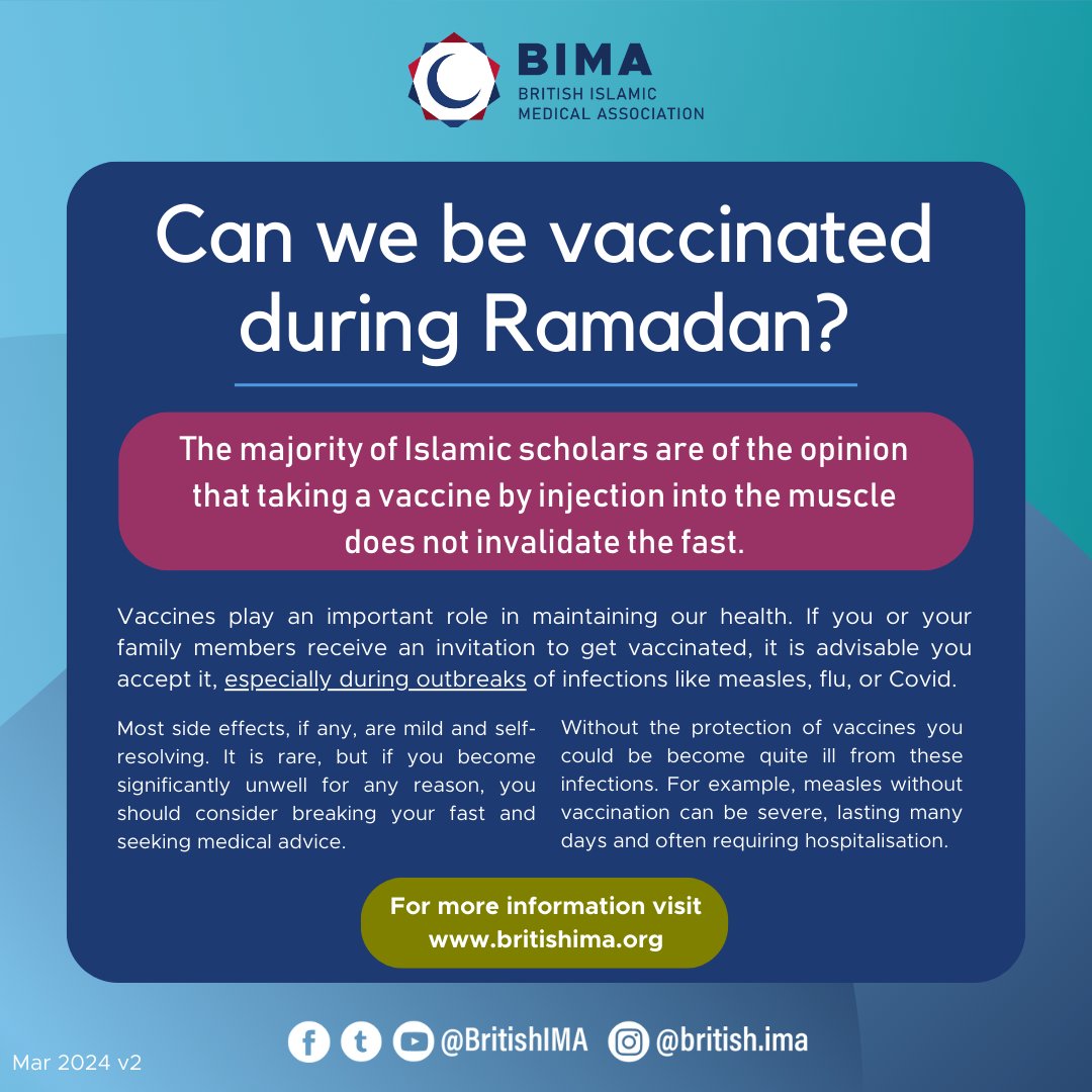 💉 Vaccinating in Ramadan According to most Muslim scholars, taking a vaccine through an injection in the muscle does not invalidate the fast. If you or your family members are called to get vaccinated, it is advisable you do, especially during flu or measles outbreaks.