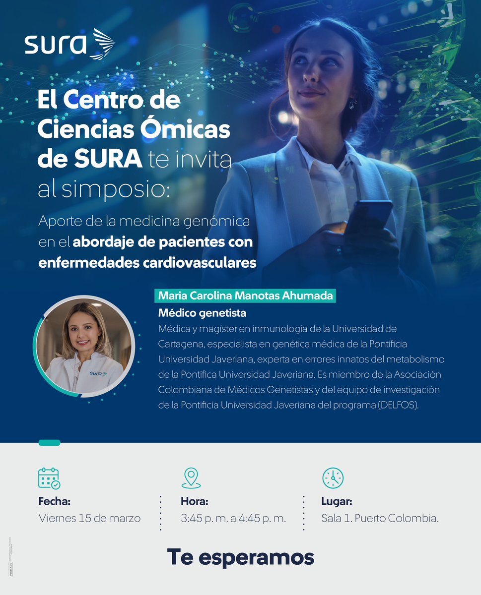 El Centro de Ciencias Ómicas de SURA los invita al Simposio aporte de la medicina genómica en el abordaje de pacientes con enfermedades cardiovasculares 🗓️Viernes 15 de marzo 🕣3:45 pm Sala 1 Puerto Colombia #XXXCongresoSCC24 #Homenaje80años #SCC24 #Cardio2024 #CongresoSCC24