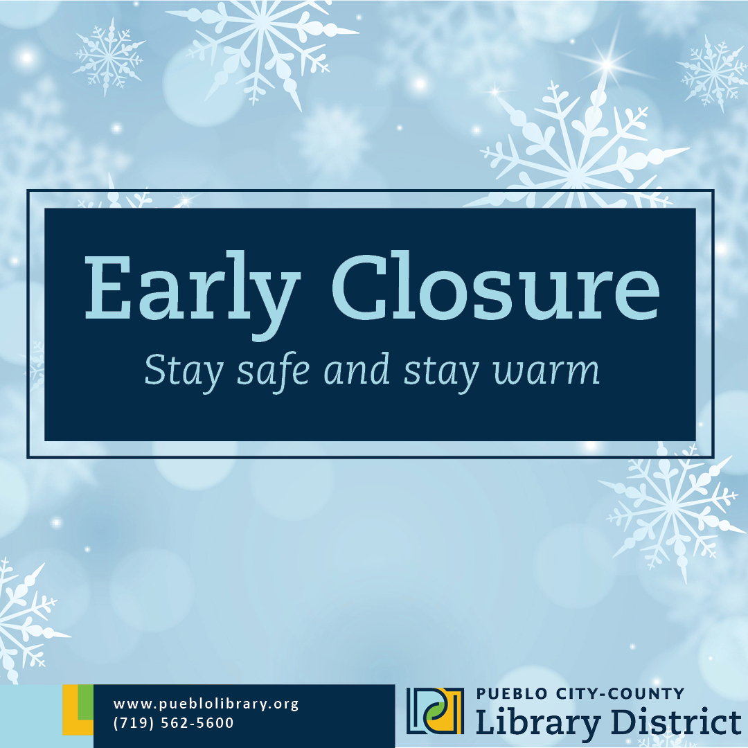 pueblolibrary's tweet photo. Due to winter weather conditions, all PCCLD locations will close at 5 p.m. today, Thursday, March 14.

Stay safe and avoid the snow by checking out our downloadable books, movies and audiobooks on Hoopla, Libby, Kanopy and Cloud Library. Visit https://t.co/J8Lcvz2pPA https://t.co/omck45wNaG