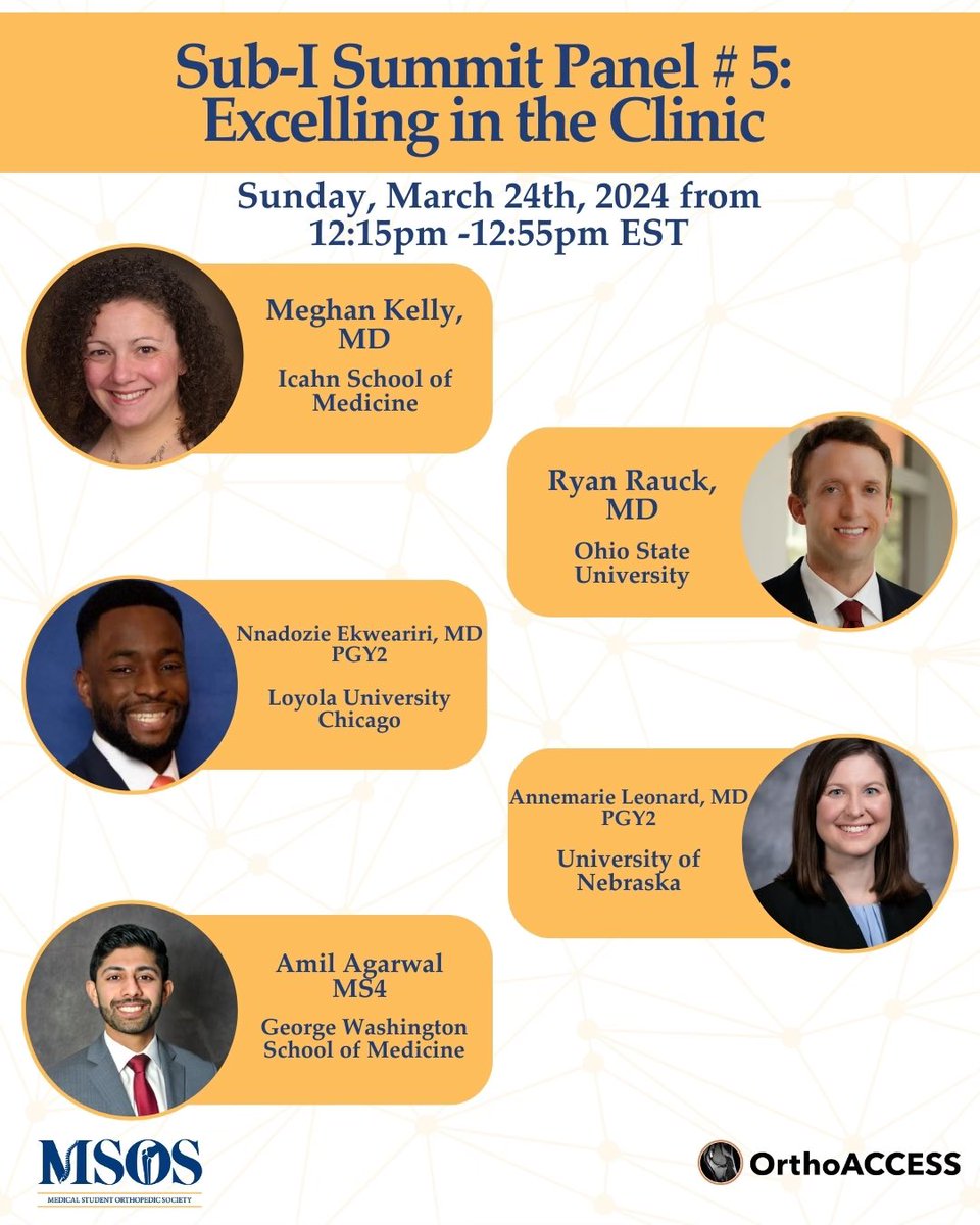 📣Introducing the 5th and final panel of the MSOS Sub-I Summit: Excelling in the Clinic ✨Be sure to register using the link below and join us on Sunday, March 24th from 9:30am to 1:15pm EST. When you register you’ll get to hear from all our panelists how to crush away rotations