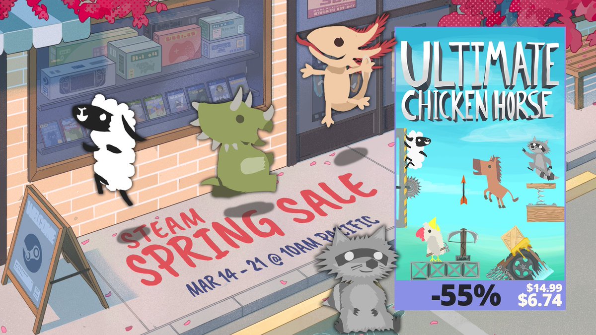 Ultimate Chicken Horse is 55% off in the Steam Spring Sale! 🐔🐴🏆 Play now: store.steampowered.com/app/386940/Ult…