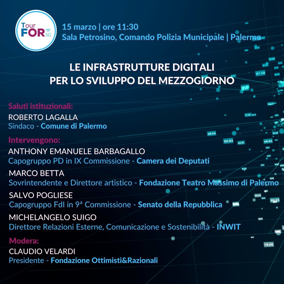 📆 Domani 15/3, h 11.30 a #Palermo x la nuova tappa del #TourFOR5G:

"Le #infrastrutture #digitali per lo #sviluppo del #mezzogiorno e della #Sicilia” con <a href="/robertolagalla/">Roberto Lagalla</a> <a href="/Ant_Barbagallo/">Anthony Barbagallo</a> <a href="/marcobetta/">Marco Betta</a> <a href="/teatromassimo/">Teatro Massimo</a> #SalvoPogliese <a href="/claudiovelardi/">claudiovelardi</a>

live👇
lnkd.in/digFK_AU