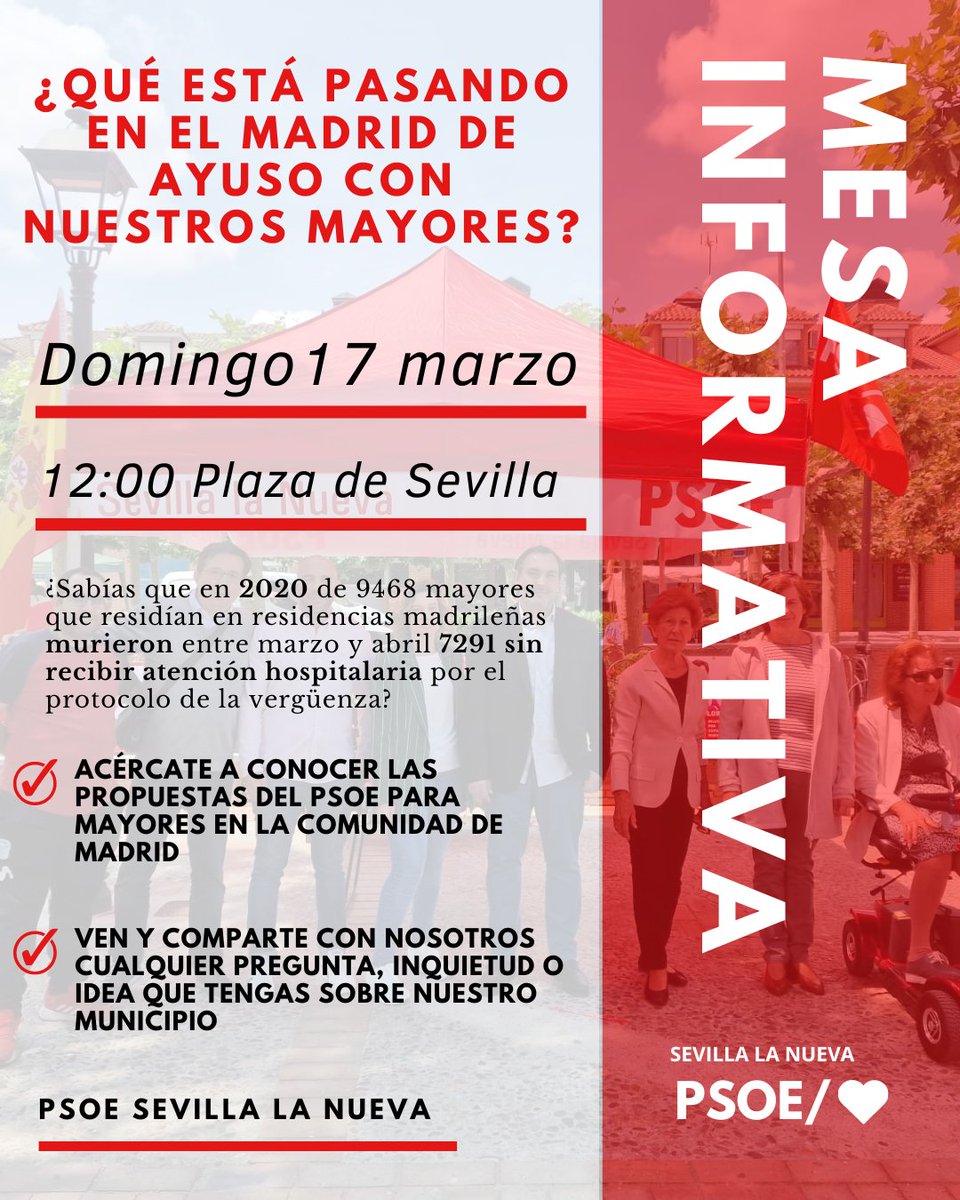 ¿Qué está pasando en el Madrid de Ayuso con nuestros mayores?
Pásate por nuestra mesa informativa el 17 de marzo para hablar de esta y otras cuestiones. Contaremos con  Lorena Morales Porro, Diputada Portavoz de la Comisión de Familia y Asuntos Sociales de la Asamblea de Madrid.