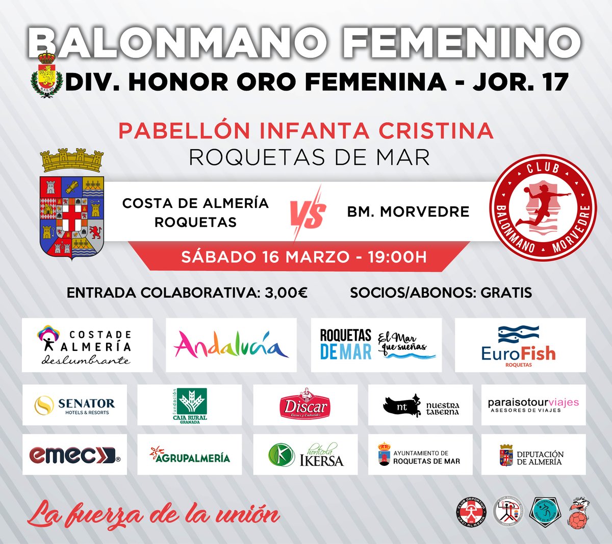 ¡VUELVE EL MEJOR BALONMANO AL INFANTA CRISTINA!. Este sábado a las 19:00h el <a href="/Costa_Almeria/">Costa de Almería</a> #Roquetas recibe a uno de los cocos de la División de Honor Oro Femenina, el <a href="/BMMorvedre/">#vamosMorvedre🖤♥️</a>

¡Necesitamos tu apoyo más que nunca! #VamosAlmería <a href="/BMCostaAlmeria/">BM Costa de Almería</a>