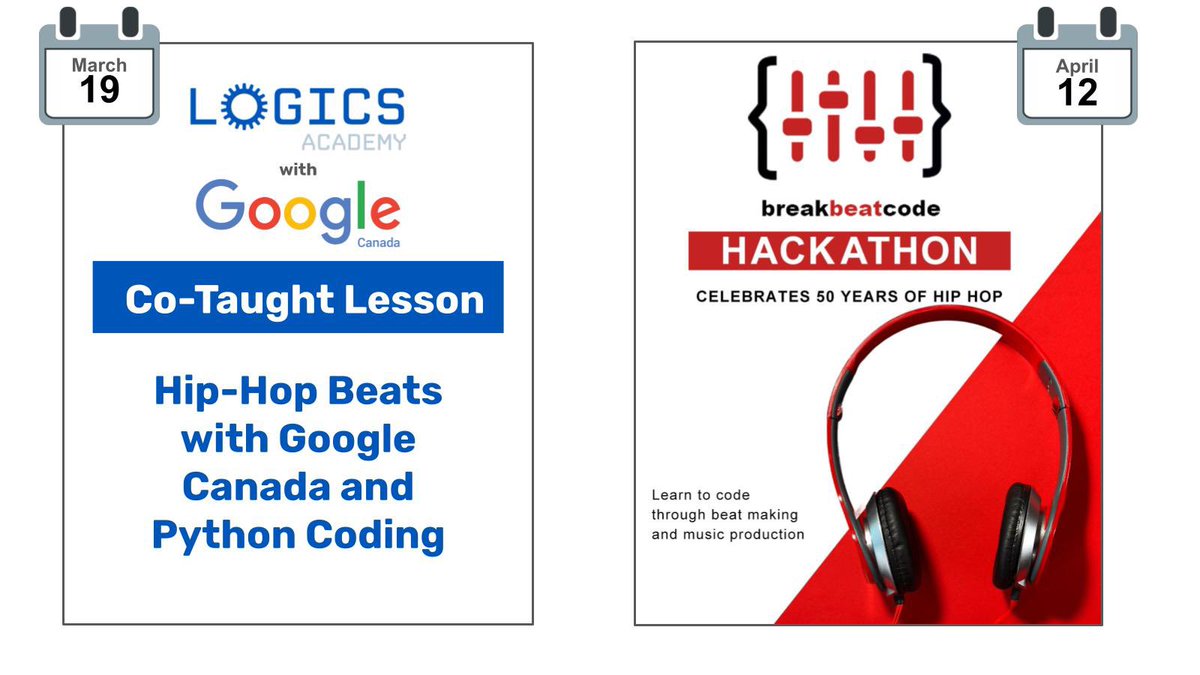 Join @LogicsAcademy, @GoogleCanada & @breakbeatcode on March 19th for a FREE lesson where students will learn Python coding & remix beats.  Students can then put those skills to the test at the April 12th Virtual Hackathon.  Learn more here:  logics.eventbuilder.com/event/82348