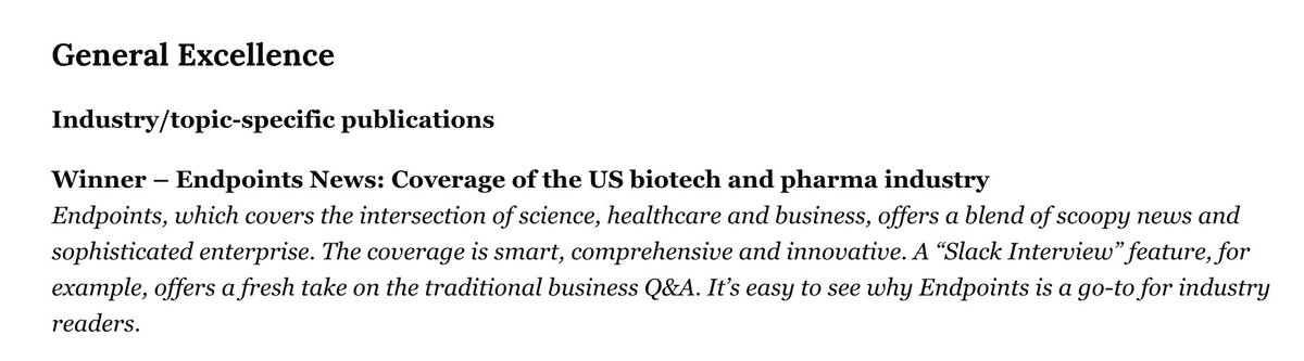 🏆I'm thrilled that Endpoints News has won @SABEW's general excellence award for our coverage of the biopharma and healthcare businesses. It's a testament to the power of this hard-working newsroom and all they achieved in 2023!