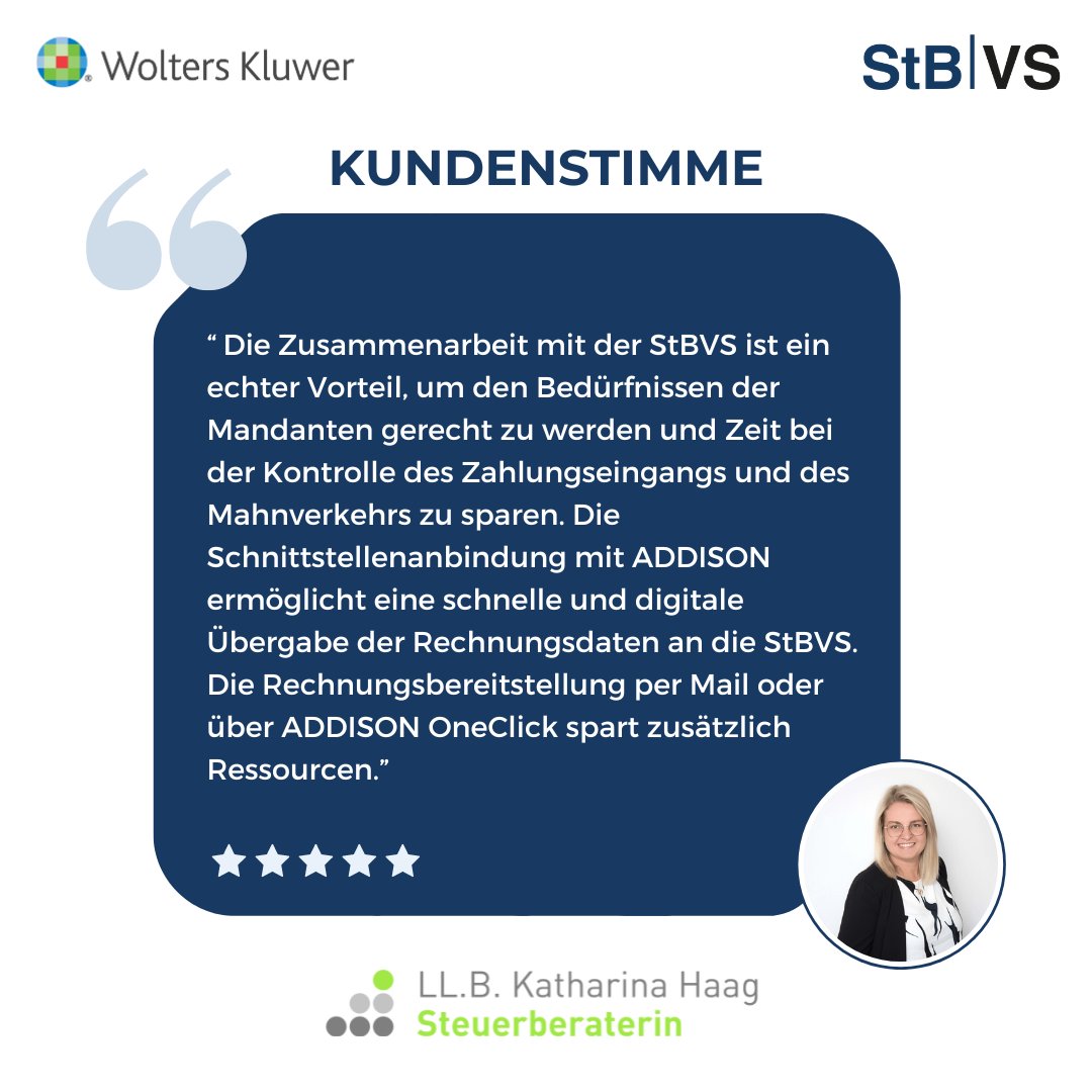 StBVS's tweet photo. 🌐💼 Revolutionäre Kooperation: #StBVS und #ADDISON

Unsere geschätzte Kundin Katharina Haag hat ihre Erfahrungen mit unserer Zusammenarbeit geteilt! 

#Kooperation #WoltersKluwer https://t.co/p5OOsVPYam