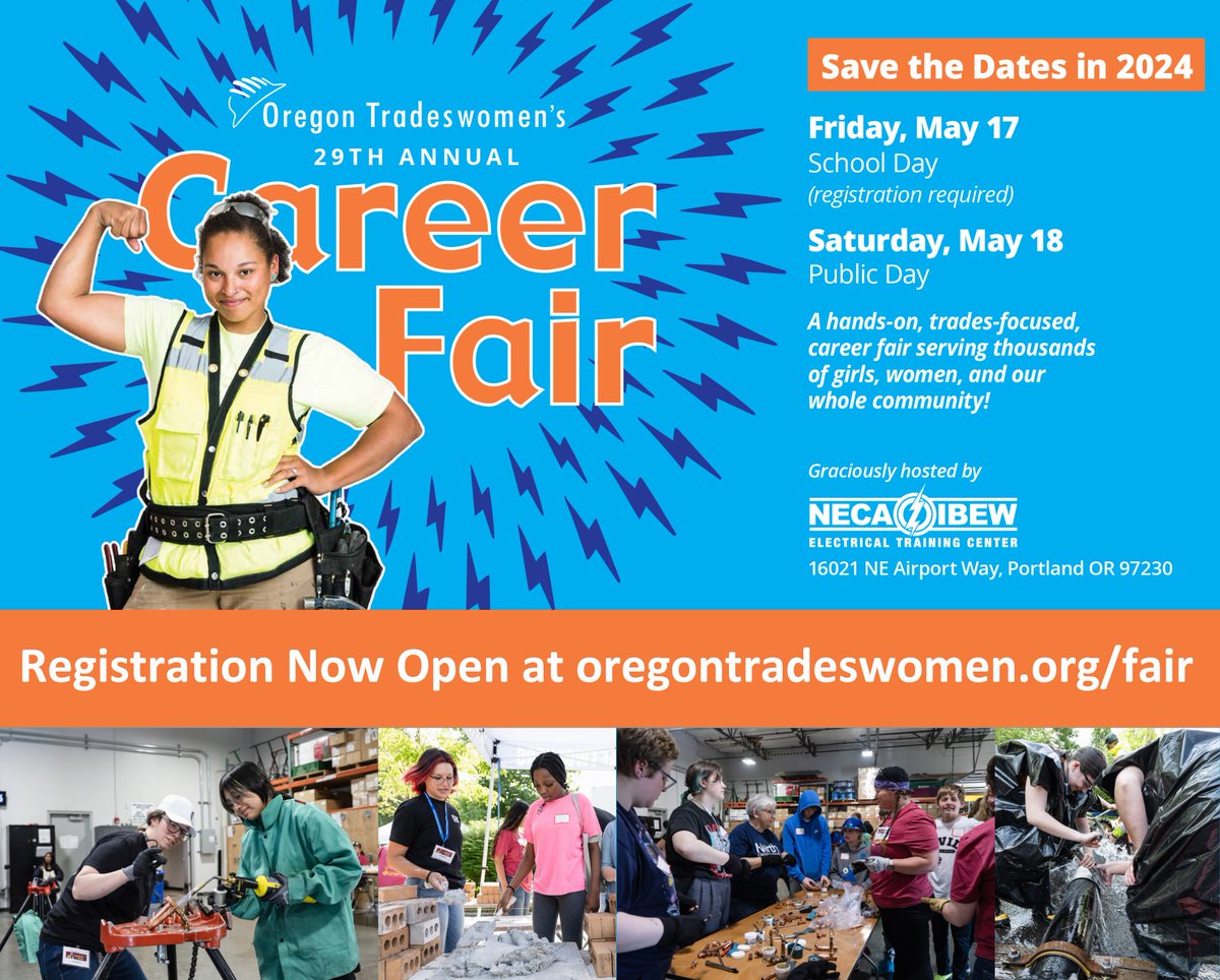 We can't wait to see you at Oregon Tradeswomen's Career Fair! We are still accepting registration for sponsors, exhibitors, schools, and youth groups. Help us spread the word about this one-of-a-kind career exploration event! Learn more and register at oregontradeswomen.org/fair