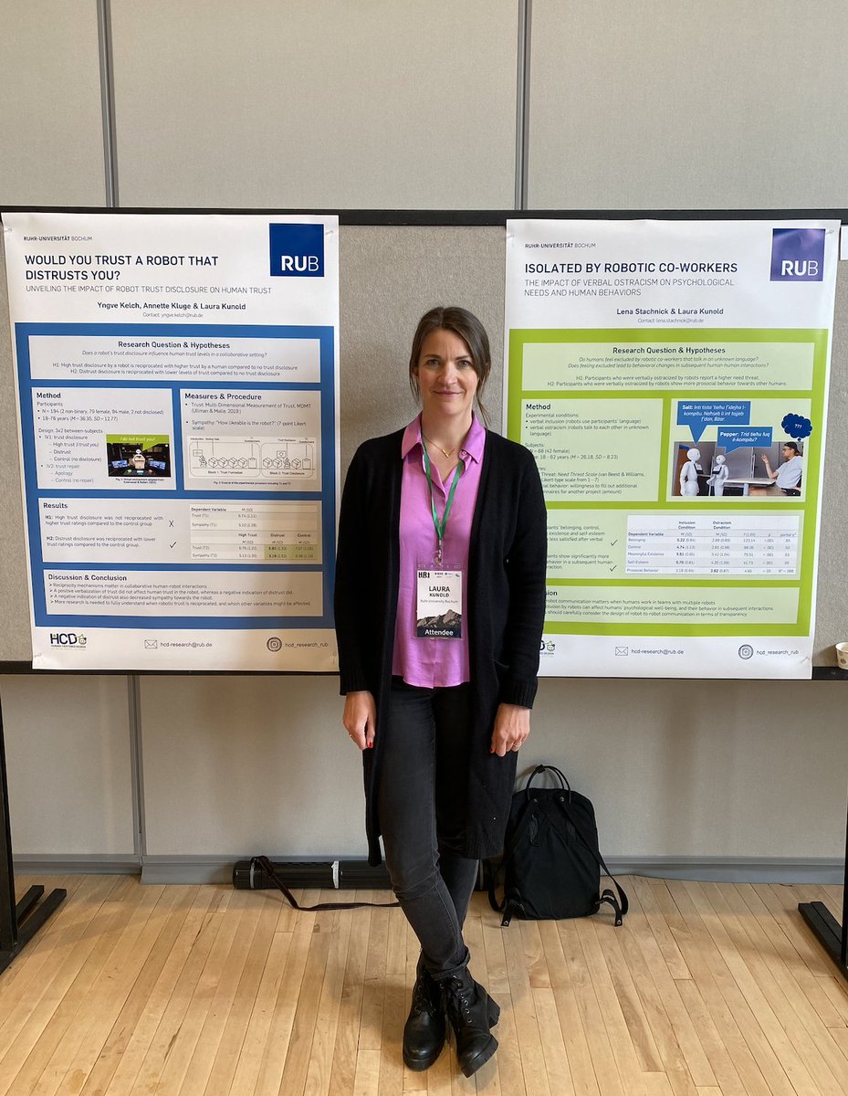 ResearchHcd's tweet photo. Having a great time discussing our research on social exclusion and trust disclosure @HRI_Conference.
Would you feel isolated by a team of robotic co-workers? Read here: https://t.co/gamNlhSnwT

Would you Trust a Robot that Distrusts you? Read here:
https://t.co/q4drRPMtD5 https://t.co/dtUwzUK7Ey
