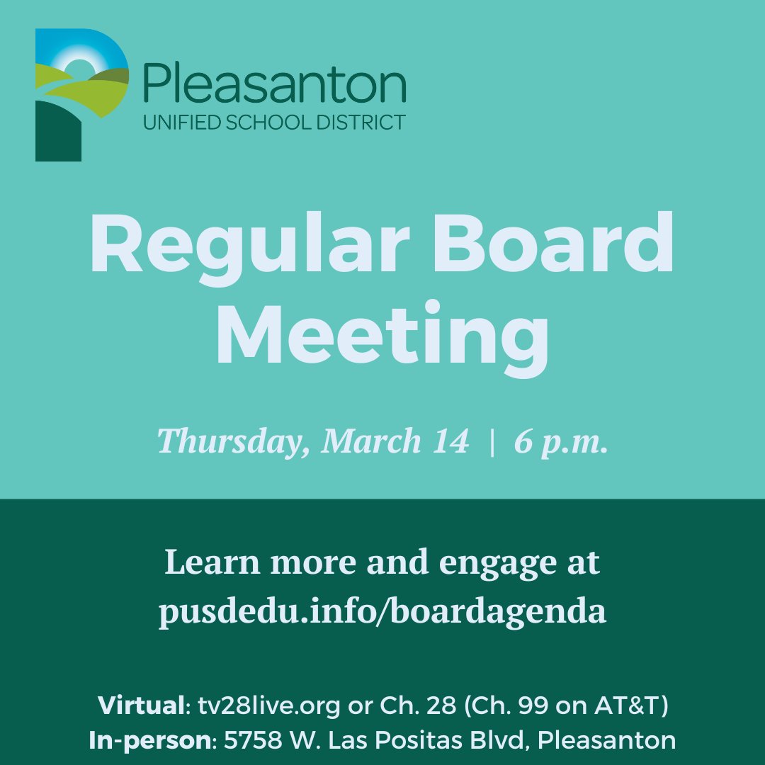 Please join us tonight at 6 p.m. for our Regular Board Meeting! View the agenda at pusdedu.info/boardagenda. Watch in person at our district office, 5758 W. Las Positas Blvd, or stream live at tv28live.org.