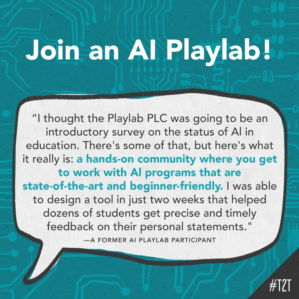 ATTN Ts! Do you have 3+ years of teaching experience and a burning curiosity for AI use cases in your classroom? If so, check out Playlab's Spring PLC to explore, design and build AI tools for your classroom community! ⏰ Registration deadline: 3/20! More here: