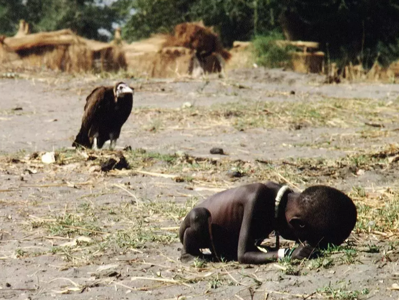 A garota e o abutre de Kevin Carter.

Esta fotografia gerou muitas polêmicas durante anos.
Tirada em 1993 pelo jovem fotógrafo Kevin Carter, mostra a gravidade da fome no sul do Sudão.

Kevin Carter, para testemunhar essa miséria e reagir à opinião internacional, captura uma