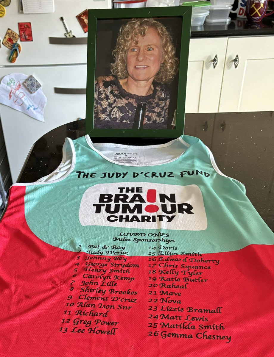 DcruzWin's tweet photo. Mile sponsors now on Marks running vest. Thanks to all the sponsors £700 raised for @BrainTumourOrg - The Judy D'cruz Fund
#glioblastoma 
#ACureCantWait https://t.co/TjALWtcYj2