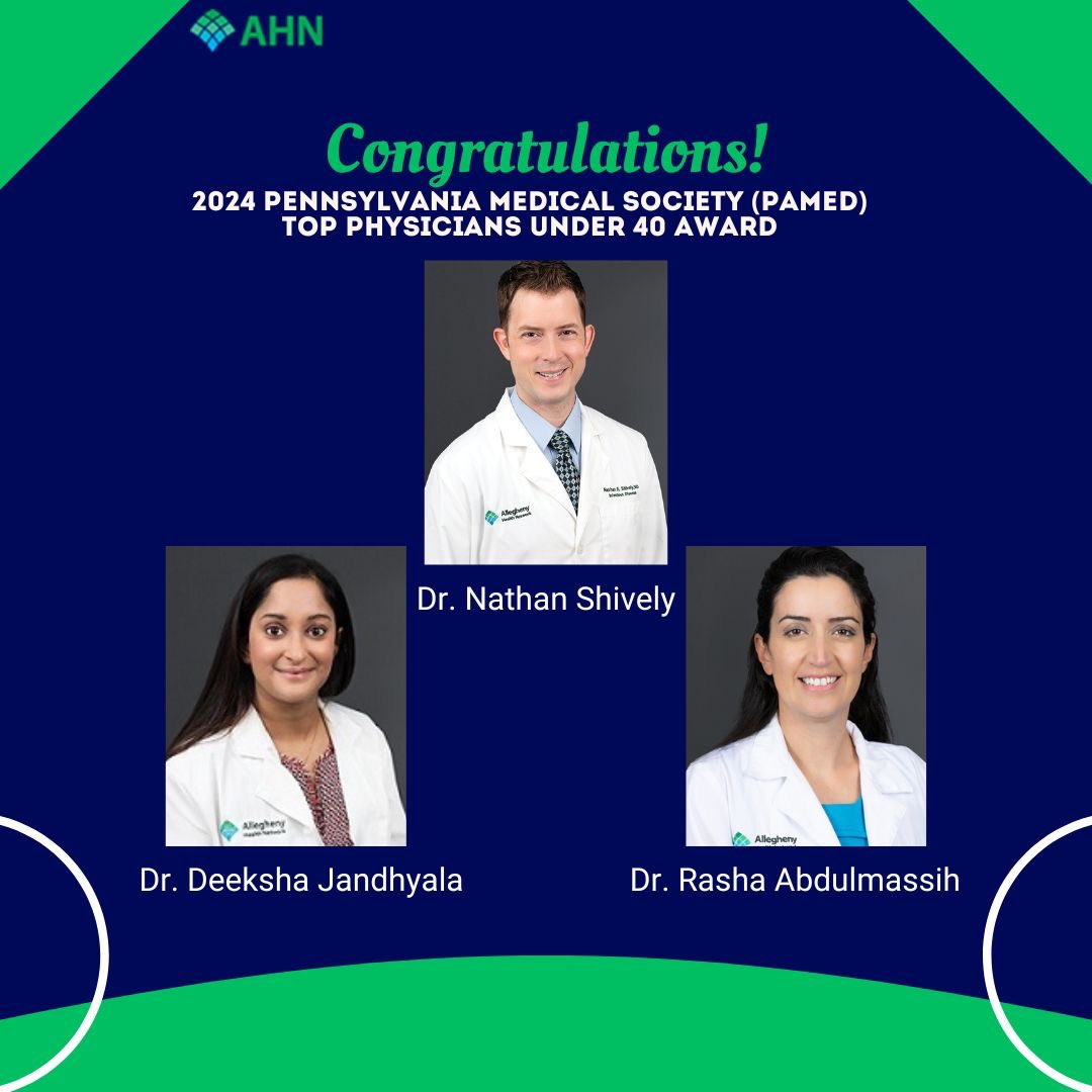Congratulations to Drs Shively, Jandhyala, and Abdulmassih who have been selected recipients of the 2024 Pennsylvania Medical Society Top Physicians Under 40 Award. We are so very fortunate to have you! 🦠🆔 #idccm #IDCCM #fellowship #under40award