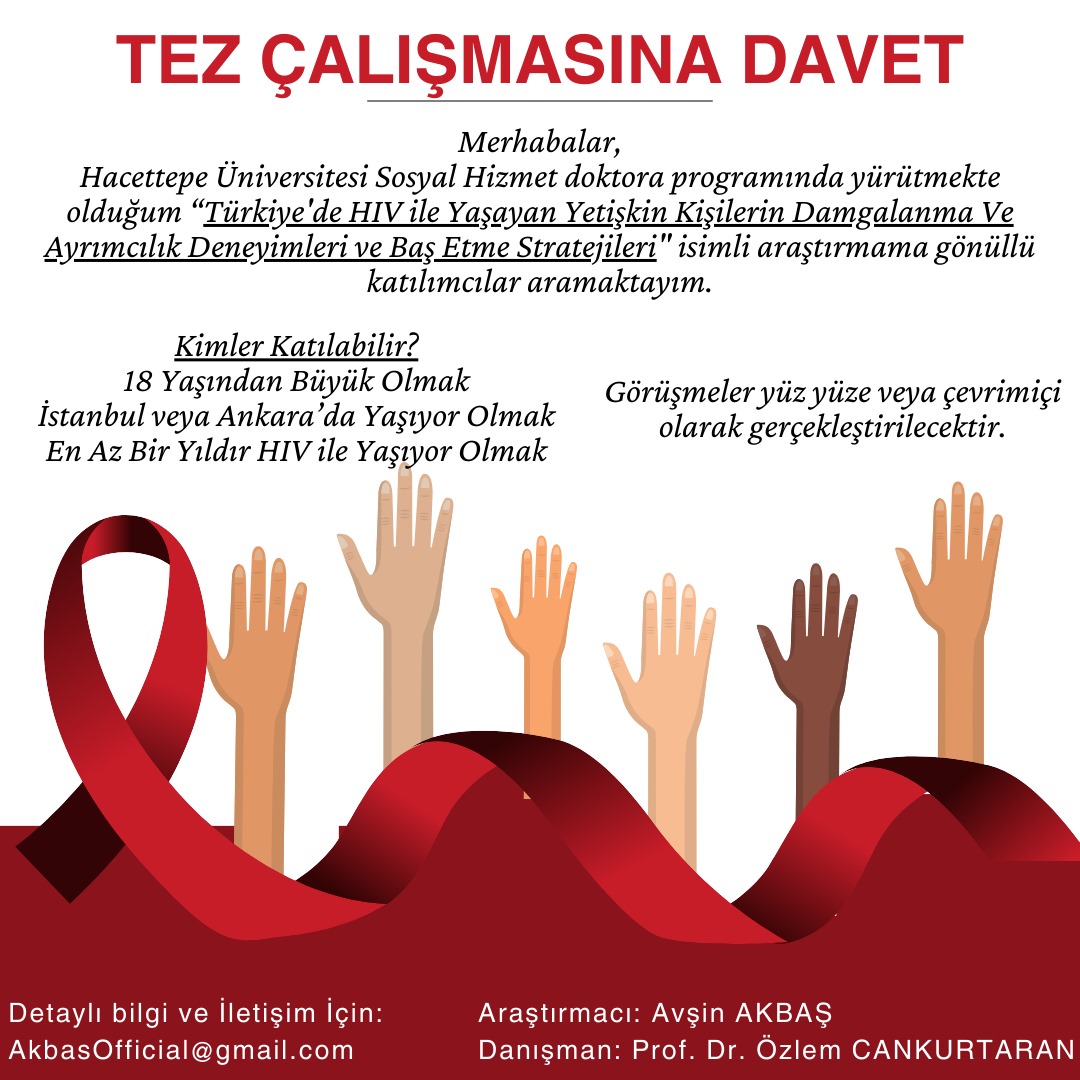 Merhabalar, Doktora tez çalışmam için gönüllü katılımcılar aramaktayım. HIV ile yaşayan kişilerin maruz bırakıldıkları damgalanma ve ayrımcılık deneyimlerinin daha görünür kılınması için paylaşabilirseniz çok mutlu olurum. DM veya mail üzerinden benimle iletişime geçebilirsiniz.