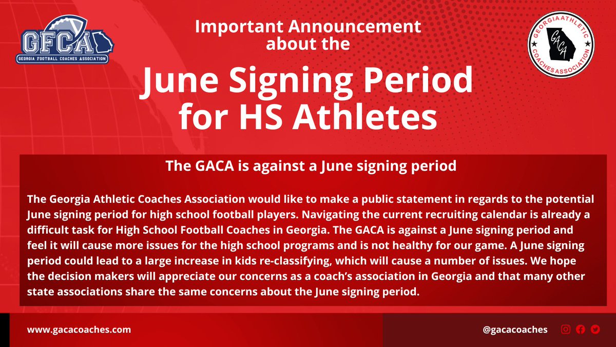 Important announcement from the @GACACoaches and @GFCACoaches regarding the June Signing Period for HS Athletes.