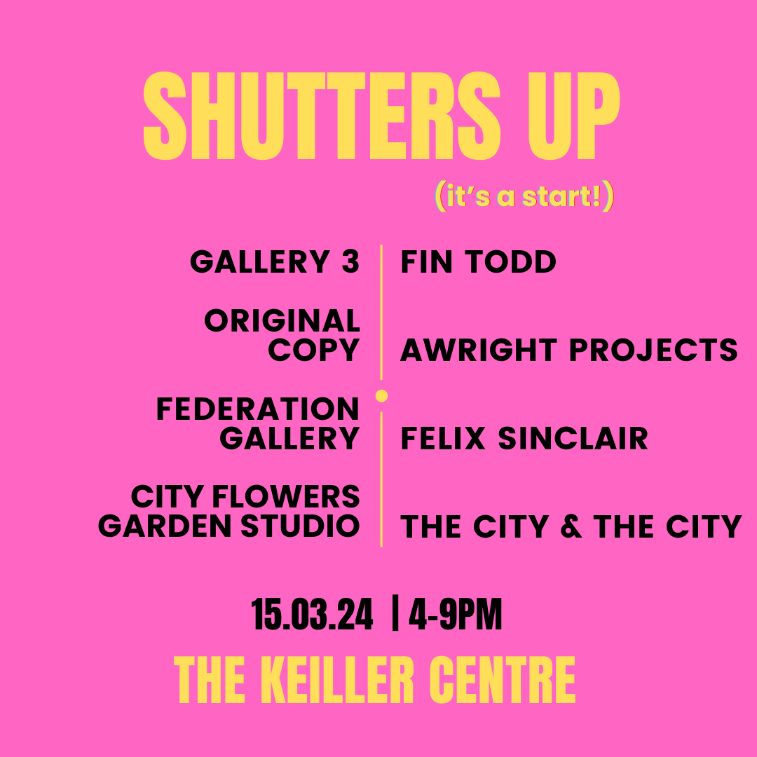 SHUTTERS UP!

Delighted to announce our first late night in The Keiller Centre with 4 gallery openings.  

Showcasing the the talent in our city - DUNDEE!

#dundee #makethekeillercentregreatagain <3
