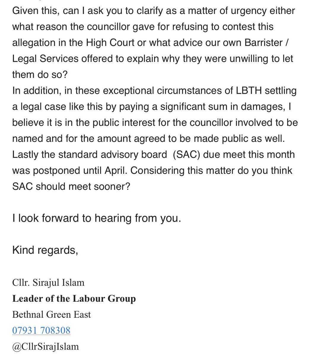 Today I wrote to the Council’s Monitoring Officer (MO) for urgent clarification regarding this matter which is now subject of public scrutiny.