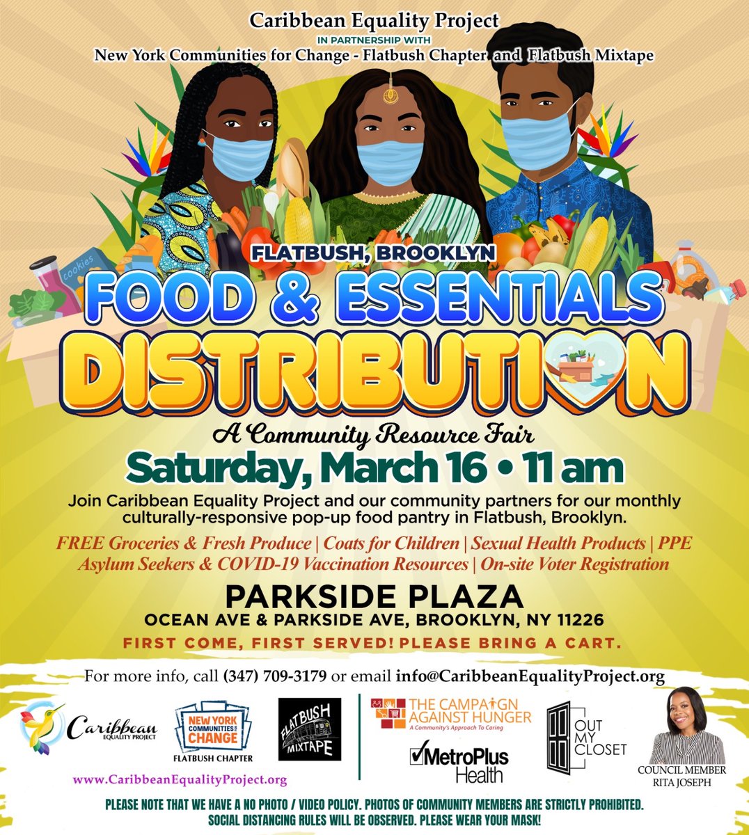 CaribEquality's tweet photo. Our monthly Food Justice program continues in 2024! Join us &amp; our partners for a culturally responsive pop-up food pantry in #FlatbushBrooklyn🍎🌽🫑🍊🥔🧥 

📆March 16th | ⏰11AM
📍@ParksidePlaza - Ocean Ave &amp; Parkside Ave BK NY 11226
🛍️ Bring a bag/cart
🛑 No photography allowed https://t.co/uwFRbZELAg