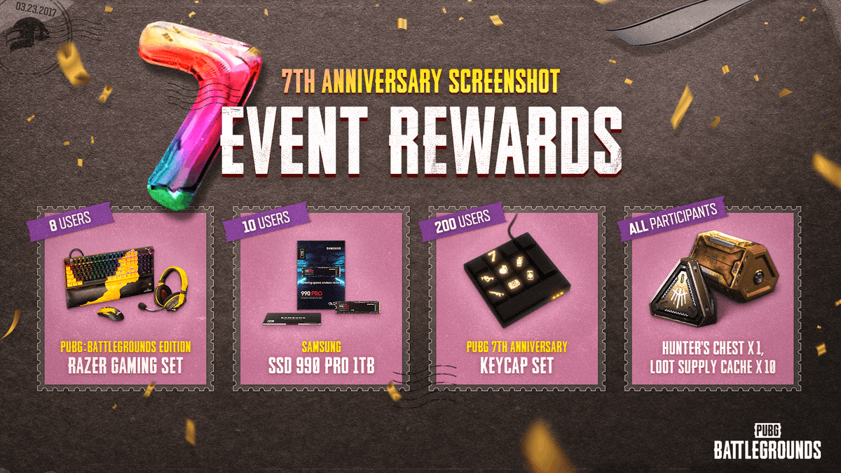 Join our 7th Anniversary Party celebration with our Screenshot Event! From Razer gaming sets to exclusive 7th Anniversary Keycaps, don't miss out on the excitement! 🥳

Details: pubg.com/en/events/noti…
Apply here: forms.gle/kBwSWhfUoBMy5b…

#PUBG7YEARS #PUBG #BATTLEGROUNDS