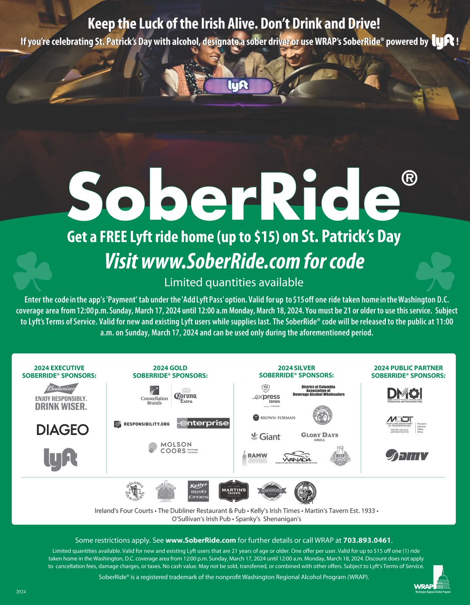 Free St. Patrick's Day <a href="/lyft/">Lyft</a> Rides throughout Greater Washington THIS SUNDAY (St. Pat's) to Prevent Drunk Driving ☘️ #SoberRide SoberRide.com