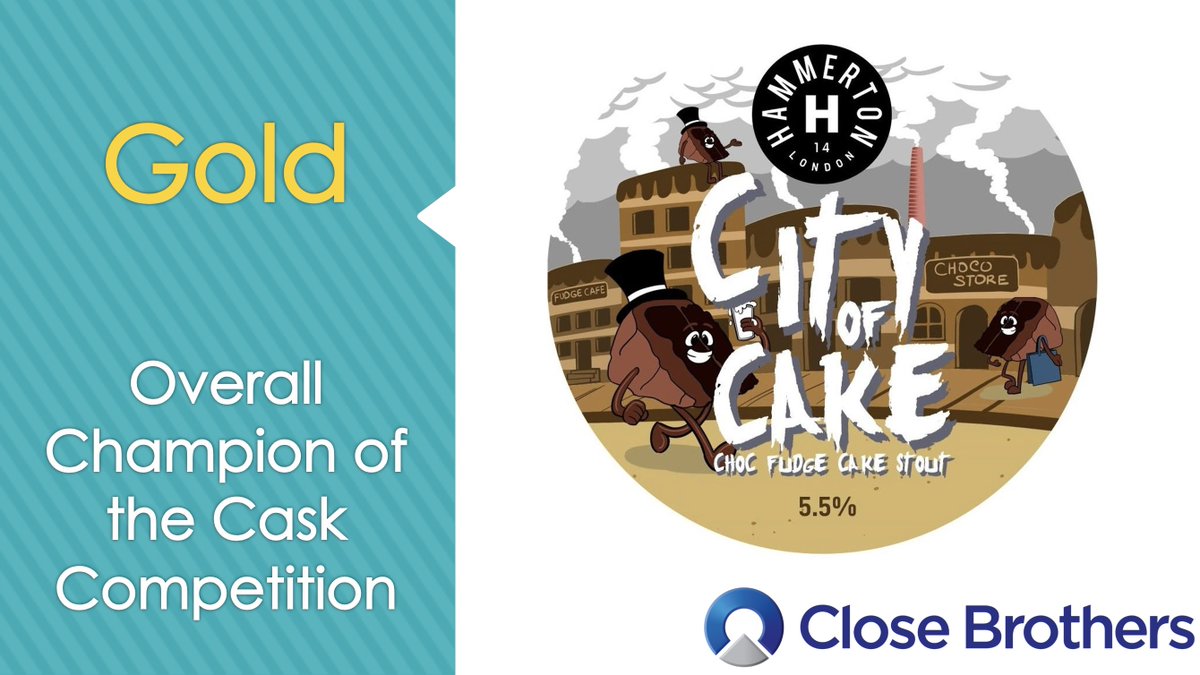 Now, the big ones. The next three awards are for the overall champions in cask, bottle/can and keg. First, the Overall Champion of the Cask Competition, is... @HammertonBrew and City of Cake! Huge congratulations to Hammerton.