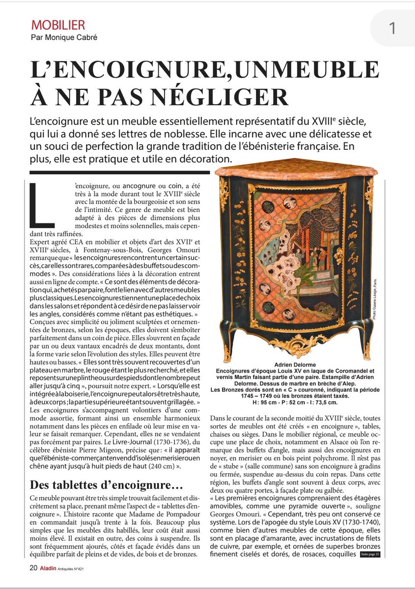 GOmouri's tweet photo. Interwiew réalisée par Monique Cabré Journaliste pour la revue "Aladin Antiquités", sur le thème des "Encoignures".
Article publié dans la revue Aladin Antiquités, numéro 421, février 2024, 37ème année,
p. 20-24. 

ARTICLE : MOBILIER-ENCOIGNURES, 
par Georges Omouri, Expert CEA. https://t.co/wEpG1DpJ8l