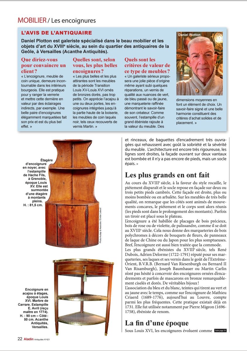GOmouri's tweet photo. Interwiew réalisée par Monique Cabré Journaliste pour la revue "Aladin Antiquités", sur le thème des "Encoignures".
Article publié dans la revue Aladin Antiquités, numéro 421, février 2024, 37ème année,
p. 20-24. 

ARTICLE : MOBILIER-ENCOIGNURES, 
par Georges Omouri, Expert CEA. https://t.co/wEpG1DpJ8l