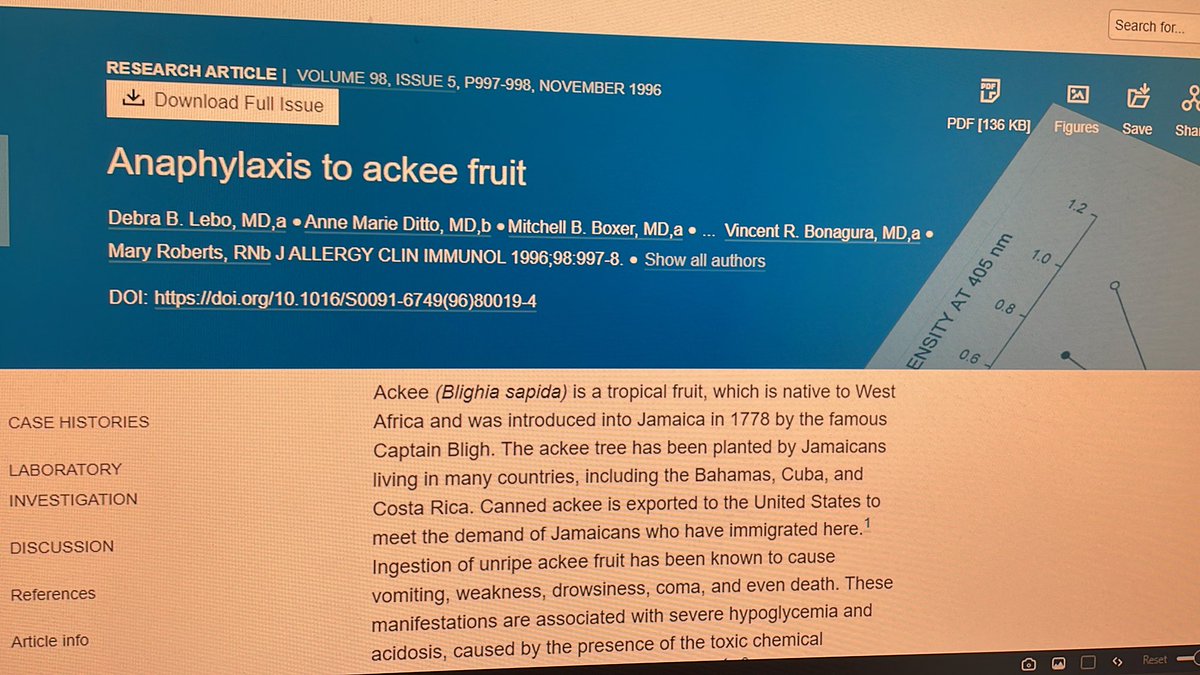 Food allergy to Ackee fruit is rare, but it was described in 1996. Ackee is poisonous, if eaten unripe. There are several mature trees in Fruit&amp;spice park in the Redlands, Miami area, and the guides there always warn against eating the fruit if you don’t know how to prepare it.
