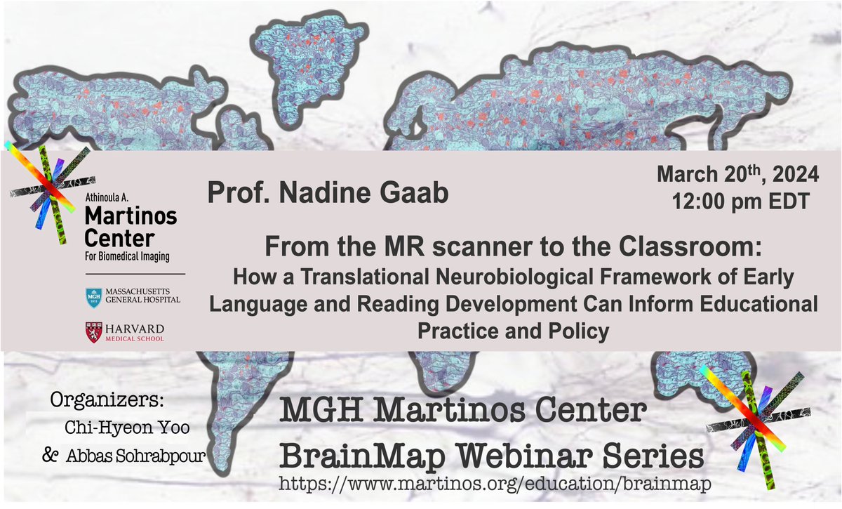 Join us Wednesday March 20th, 2024 at 12 pm EDT for an exciting BrainMap Webinar 🧠🧬👩‍🎓🧑‍🏫📄🧠 @MGHMartinos by Nadine Gaab, PhD - Harvard University (@GaabLab) Webinar link: martinos.org/event/brainmap… Contact organizers for info: @abbas_neuro @cx290_martinos