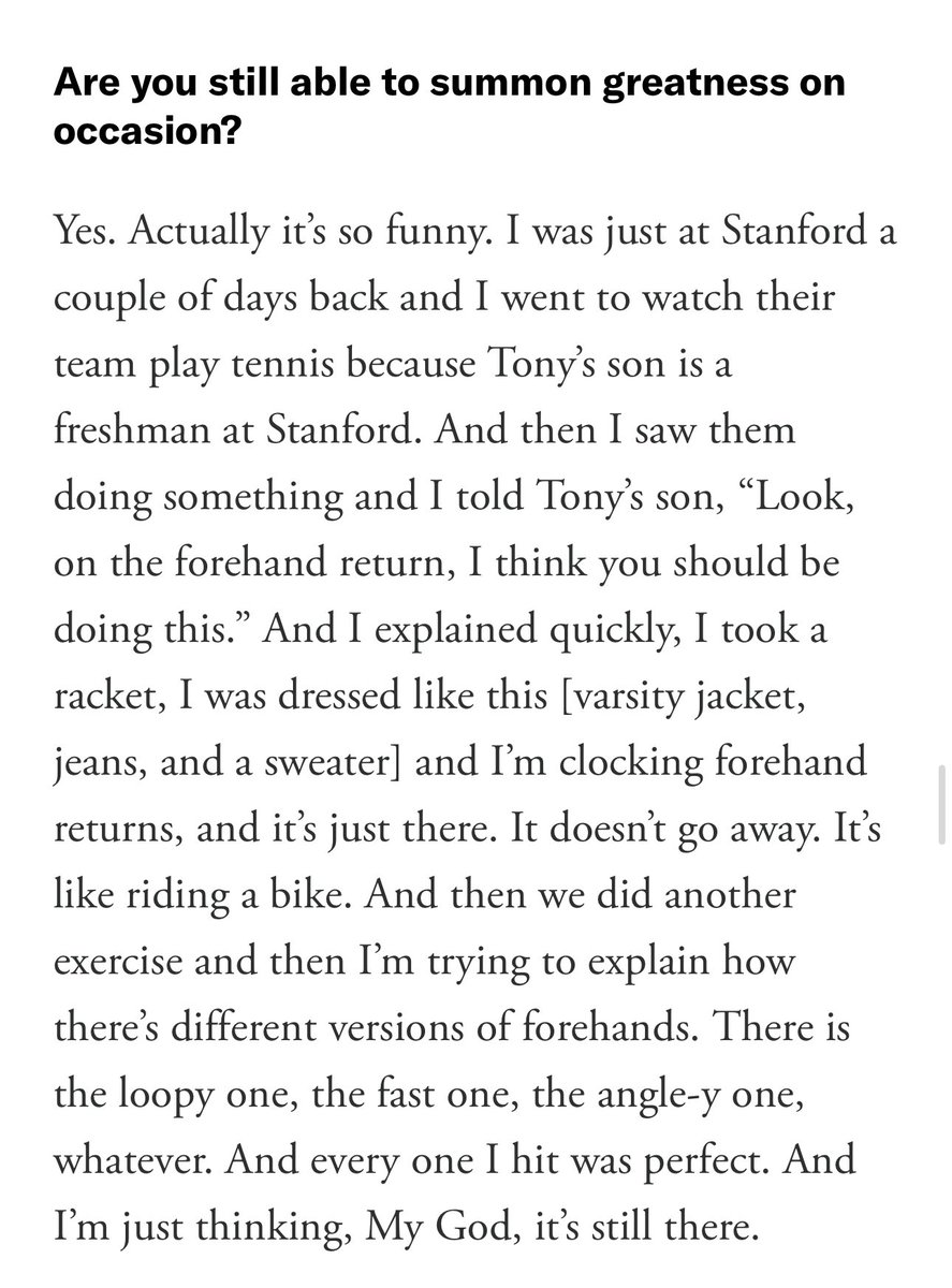 Imagine being a freshman on Stanford’s tennis team and one day 42-year-old Roger Federer casually shows up to the team practice in street clothes and wrecks everybody