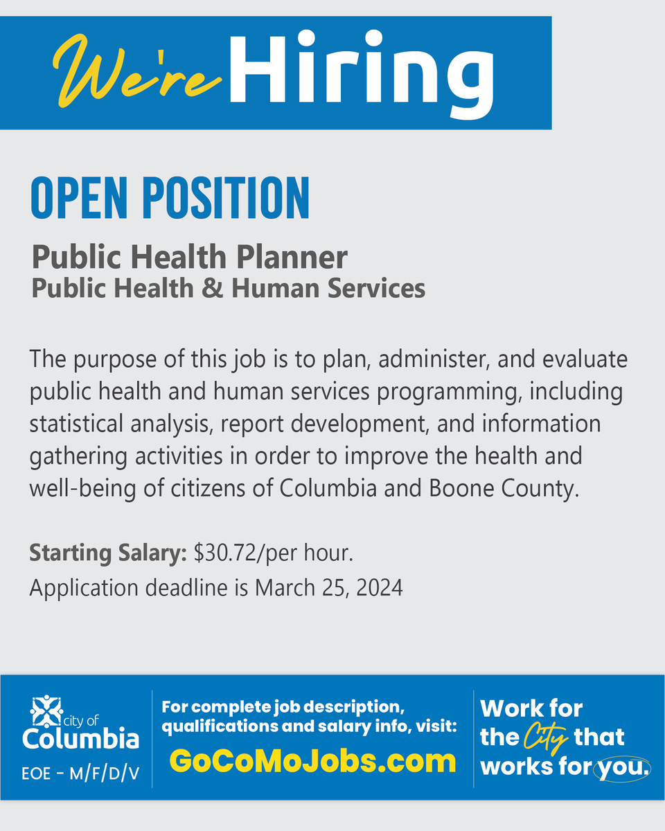 The City of Columbia is currently accepting applications for the Public Health Planner position! Full details at: GoCoMoJobs.com/postings/30874