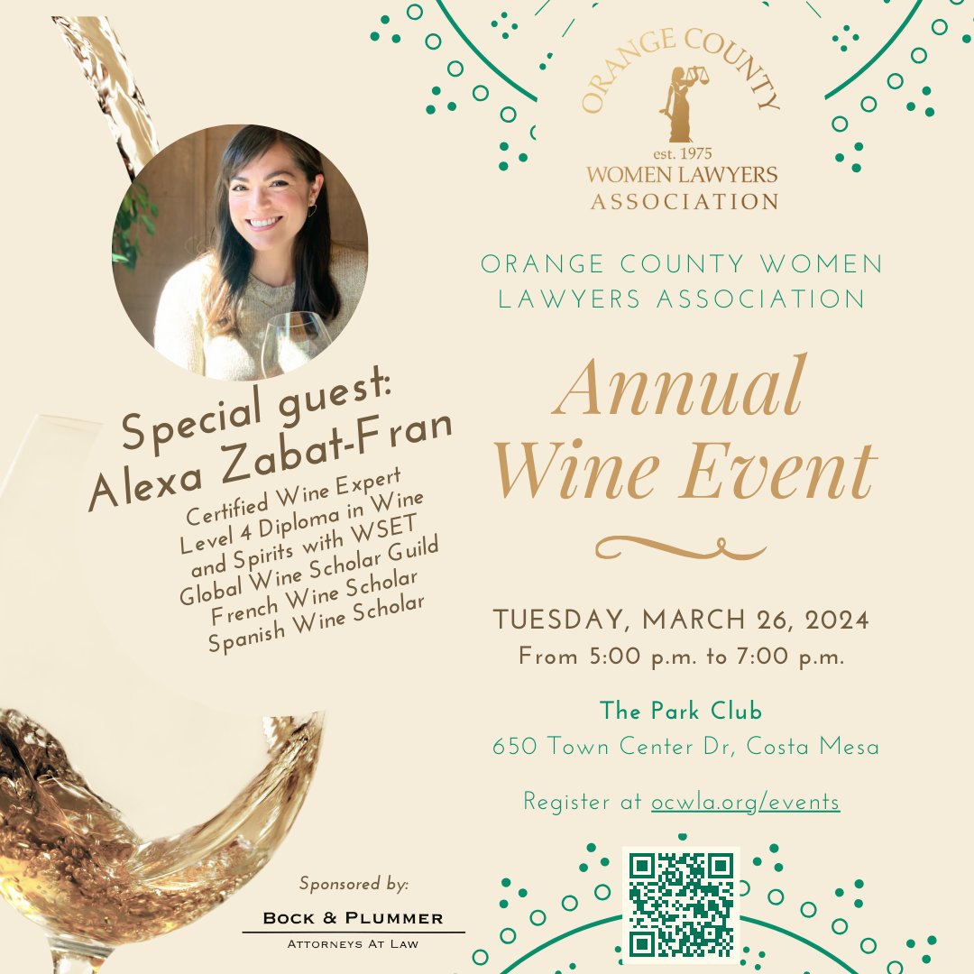 OCWLA's tweet image. ✨ SPECIAL GUEST ANNOUNCED! ✨ Join us at our wine event with Certified Wine Expert Alexa Zabat-Fran! 🍇 She&apos;s bringing unparalleled expertise to the table! 🥂 Don&apos;t miss out! 🍷 🎉 ocwla.org/event-5627639 #WineEvent #CertifiedExpert #SipAndLearn #OCWLA 🍾