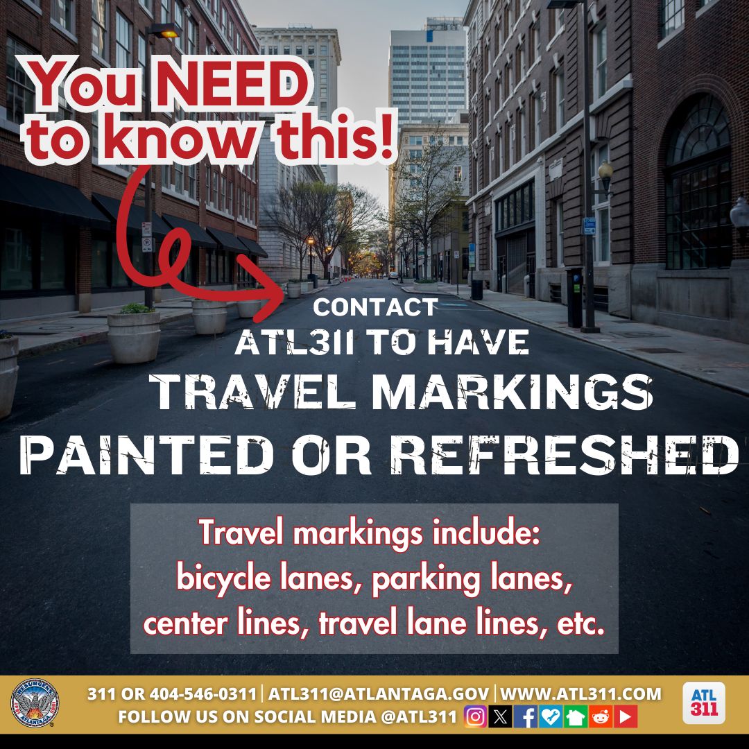 ATL311 can help you stay in your lane! Contact us to have travel lane lines, bike lanes, parking lanes, and more, repainted! 🚘