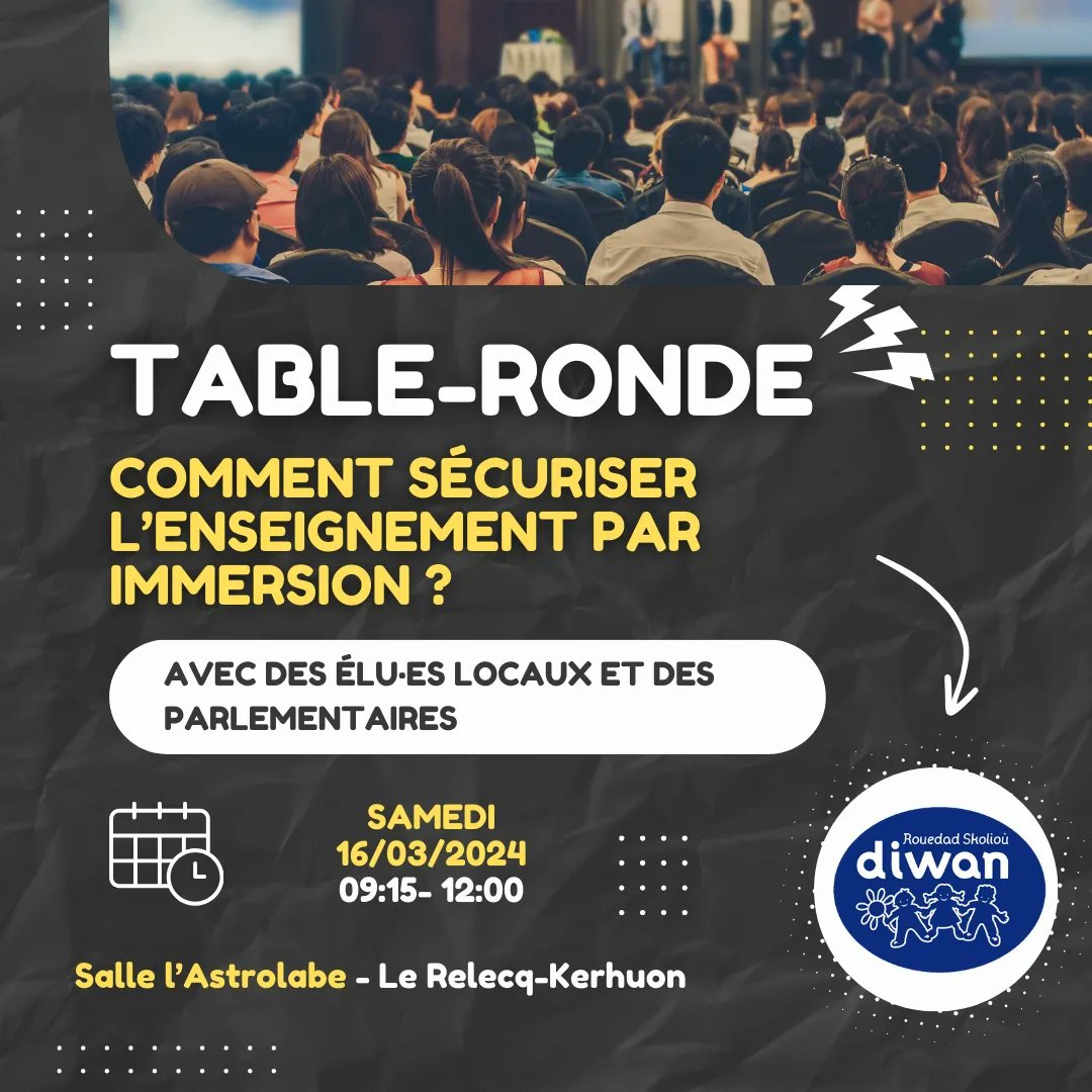 🗣 Une table-ronde est organisée ce samedi 16/03 au Relecq-Kerhuon à l'occasion des assemblées générales de l'#ISLRF et #Eskolim : "Comment sécuriser l'enseignement par immersion ?" en présence de plusieurs élus locaux et député·e·s.
👉 Plus d'infos ici :
diwan.bzh/fr/table-ronde…