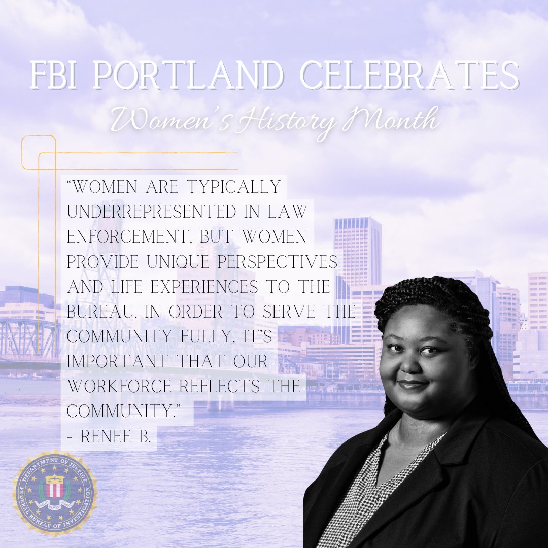 FBIPortland's tweet photo. This #WomensHistoryMonth, we thank the women in the #FBIPortland field office who work tirelessly to serve our nation. Today we recognize Community Outreach Specialist Renee B. who builds local partnerships in an effort to help prevent crime and protect our diverse community. https://t.co/7RhdjJwO84