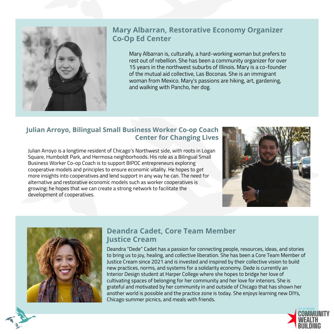 WeAreDAWI's tweet photo. 🚨Meet the 2024 Chicago Worker Cooperative Developer Cohort participants! 🚨¡Conoce les participantes de la Cohorte de Desarrolladores de Cooperativas de Trabajadores 2024! Bios en español aquí: https://t.co/HZluzWnhMf
#DAWI #DemocracyAtWorkInstitute #ChicagoCohort https://t.co/kjoeZWb4Uj