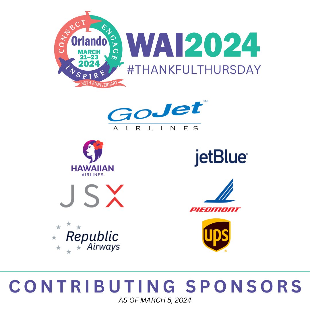 We are thankful for our contributing level sponsors at #WAI2024! Be sure to stop by their booths at the exhibit hall. WAI.org/2024-conferenc… #ThankfulThursday #WomeninAviationInternational #IamWAI #WeAreWAI #WomeninAviation